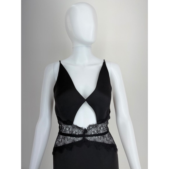 BEC BRIDGE Black Lace Trim Cutout Slip Maxi Dress Spaghetti Straps Formal Evenin - Picture 4 of 10